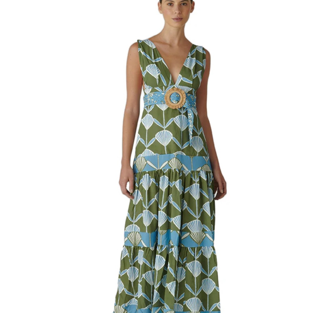 Blue and Green Sleeveless Plunge Neck Maxi Dress